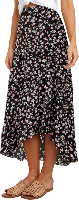 SimpleFun Women's Long Skirts Boho Floral Elastic High Waist Asymmetrical Hem Midi Skirt