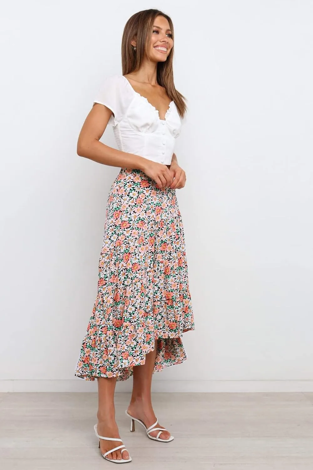 SimpleFun Women's Long Skirts Boho Floral Elastic High Waist Asymmetrical Hem Midi Skirt