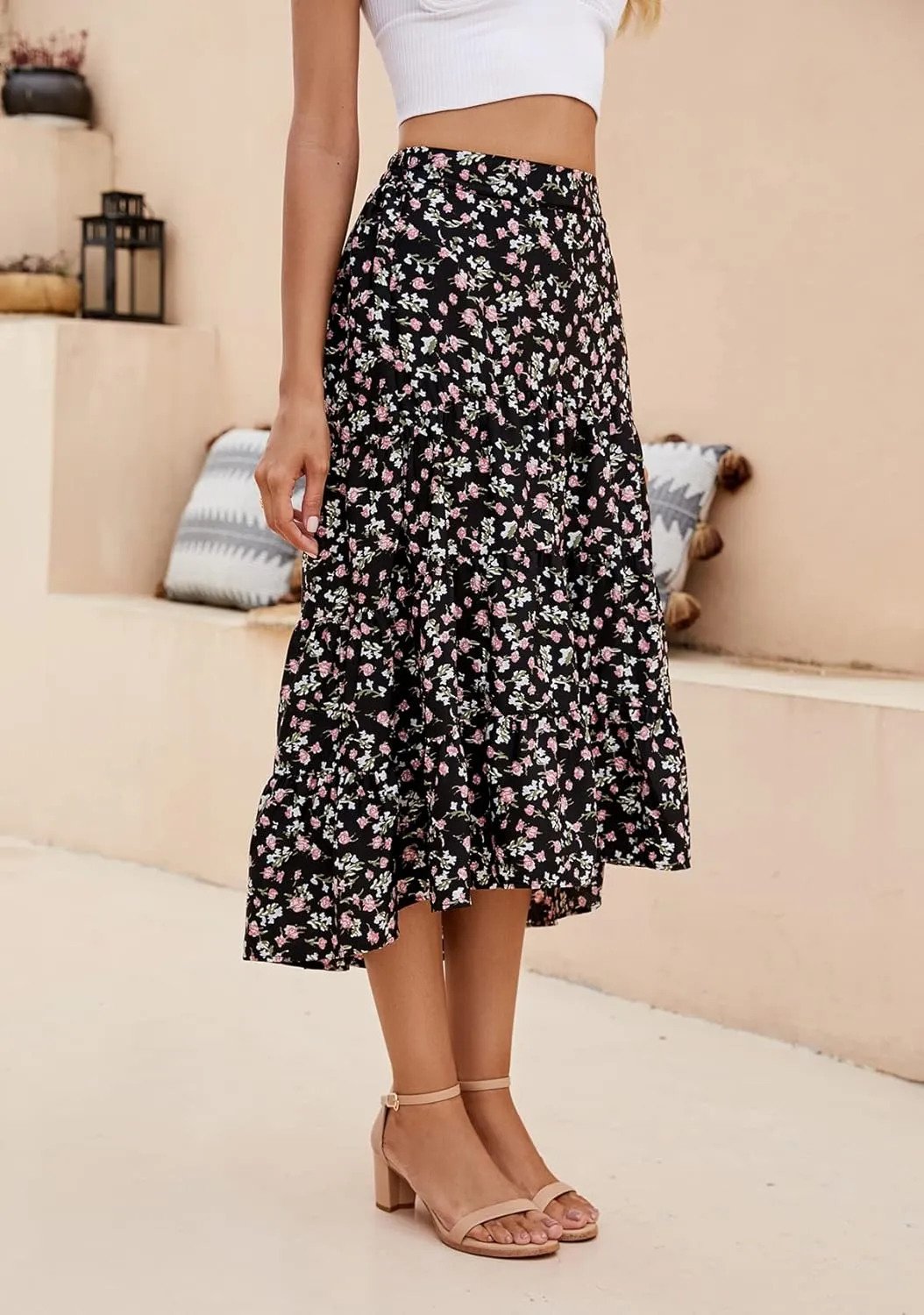 SimpleFun Women's Long Skirts Boho Floral Elastic High Waist Asymmetrical Hem Midi Skirt