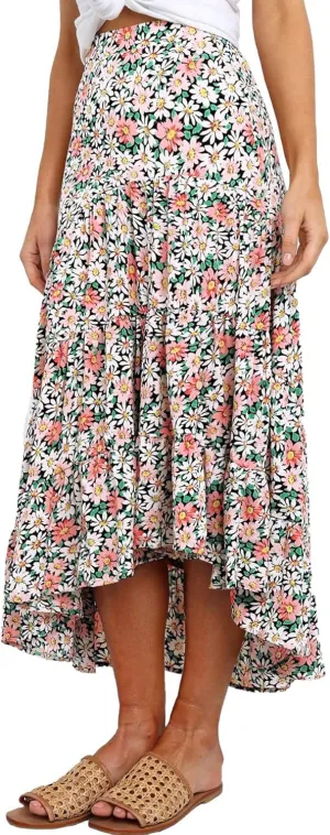 SimpleFun Women's Long Skirts Boho Floral Elastic High Waist Asymmetrical Hem Midi Skirt