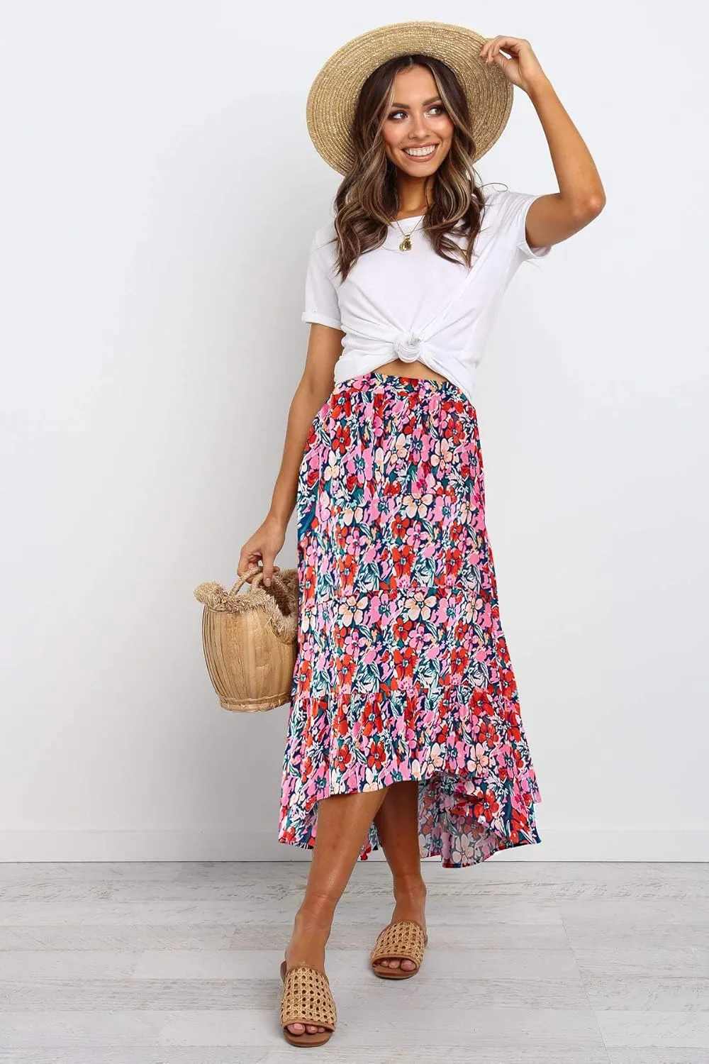 SimpleFun Women's Long Skirts Boho Floral Elastic High Waist Asymmetrical Hem Midi Skirt