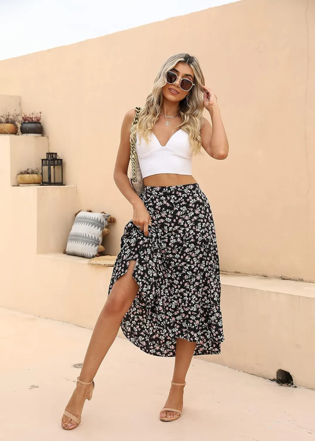 SimpleFun Women's Long Skirts Boho Floral Elastic High Waist Asymmetrical Hem Midi Skirt