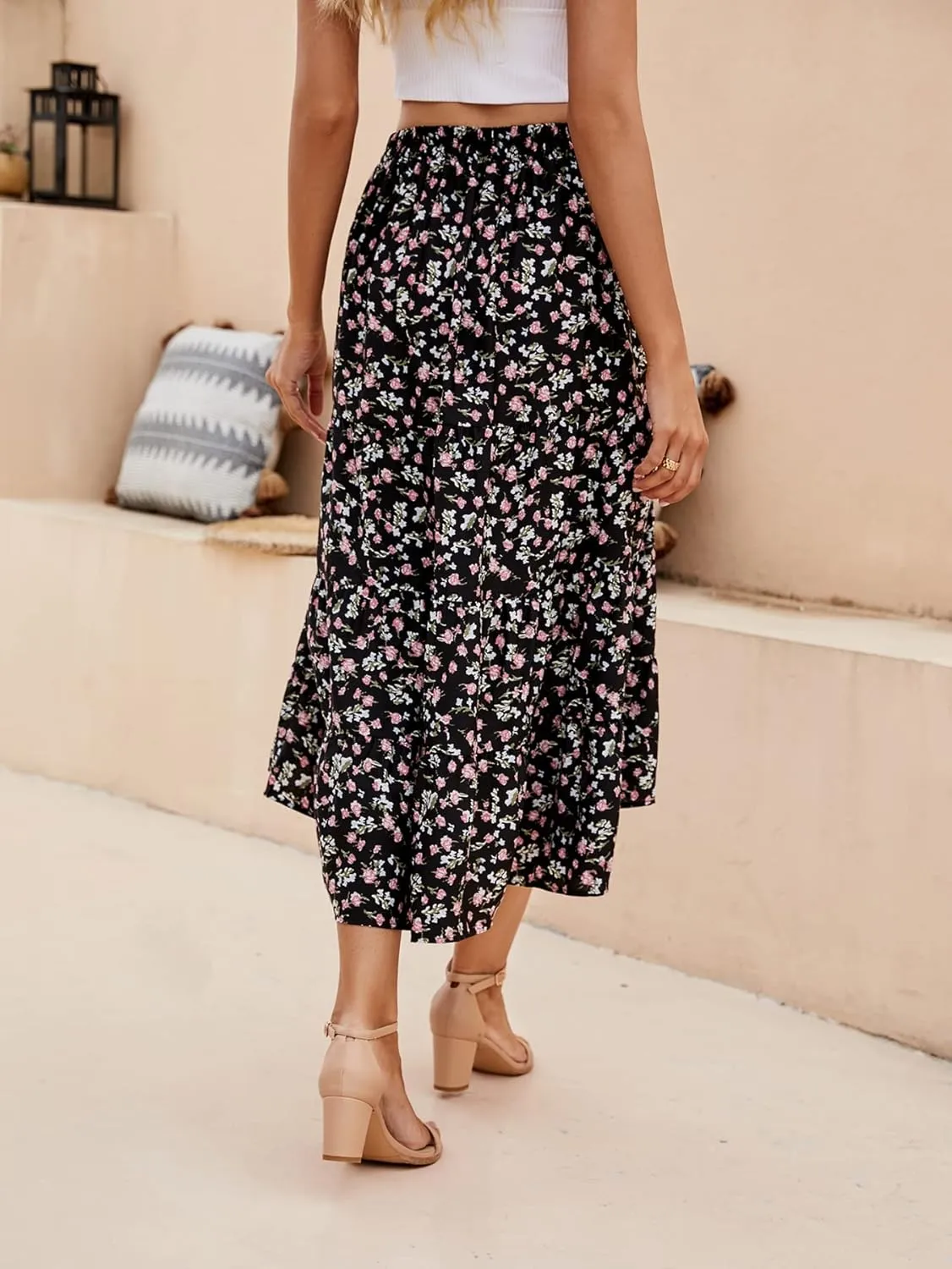 SimpleFun Women's Long Skirts Boho Floral Elastic High Waist Asymmetrical Hem Midi Skirt
