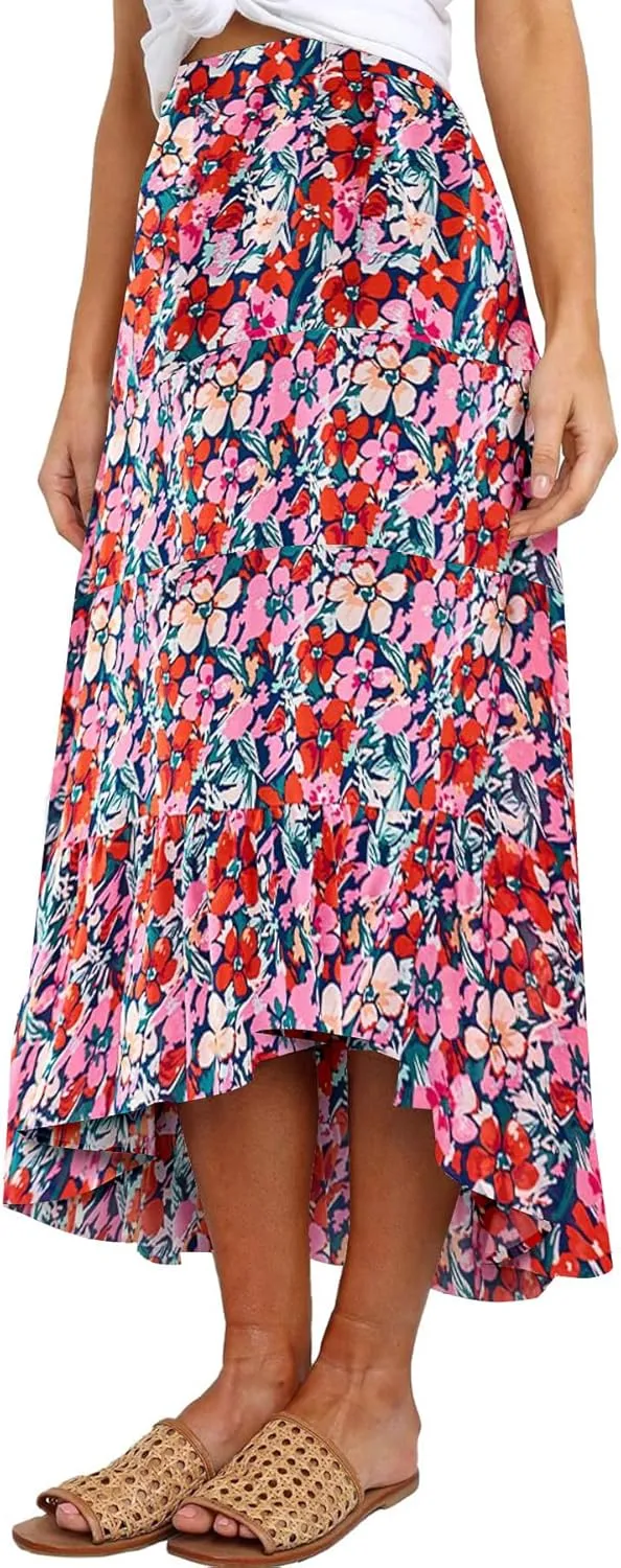 SimpleFun Women's Long Skirts Boho Floral Elastic High Waist Asymmetrical Hem Midi Skirt