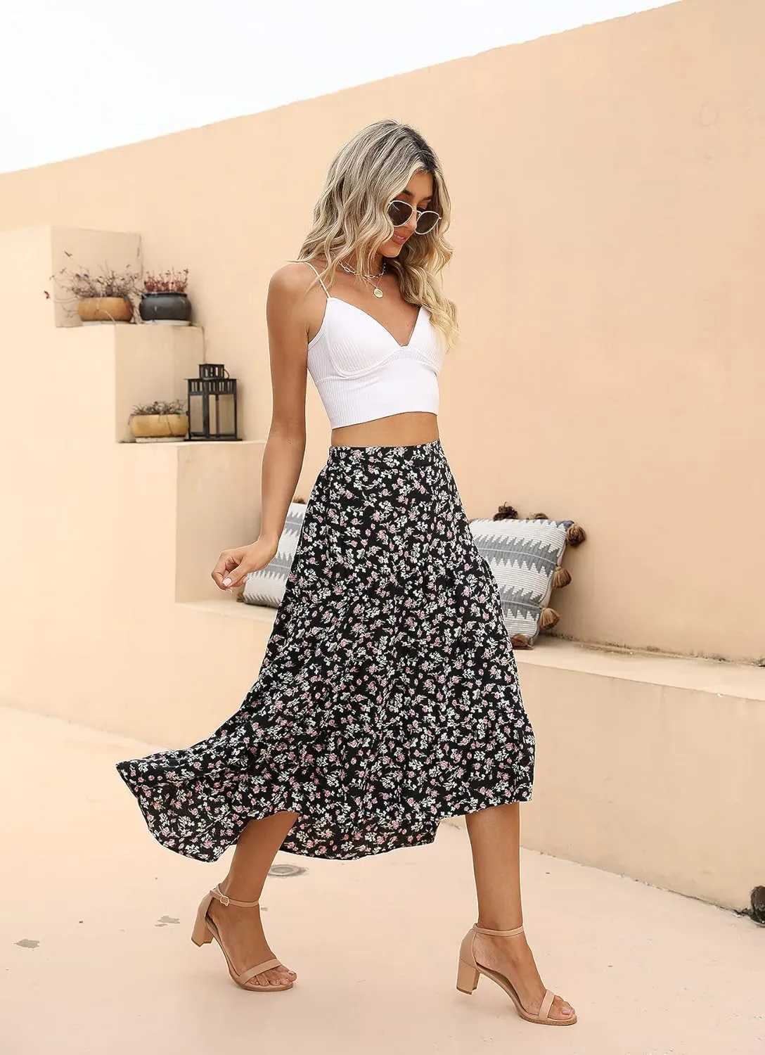 SimpleFun Women's Long Skirts Boho Floral Elastic High Waist Asymmetrical Hem Midi Skirt