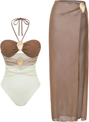 SOLY HUX Women's One Piece Swimsuit Metal Decor Cut Out Halter Bathing Suit with Mesh Maxi Cover Up Skirt