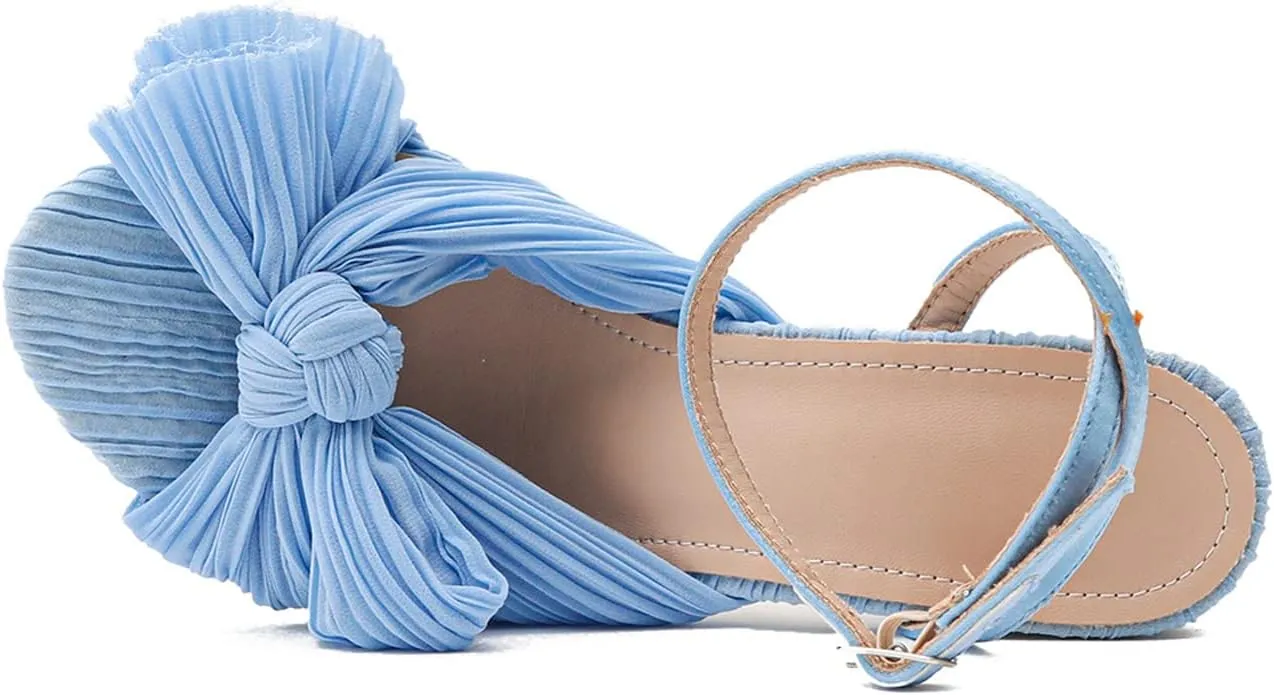 Sungtin Women’s Pleated Knotted Bow High Heeled Sandals, Ankle Strap Chunky Heels Sandals Open Toe Wedding Dress Shoes Pumps