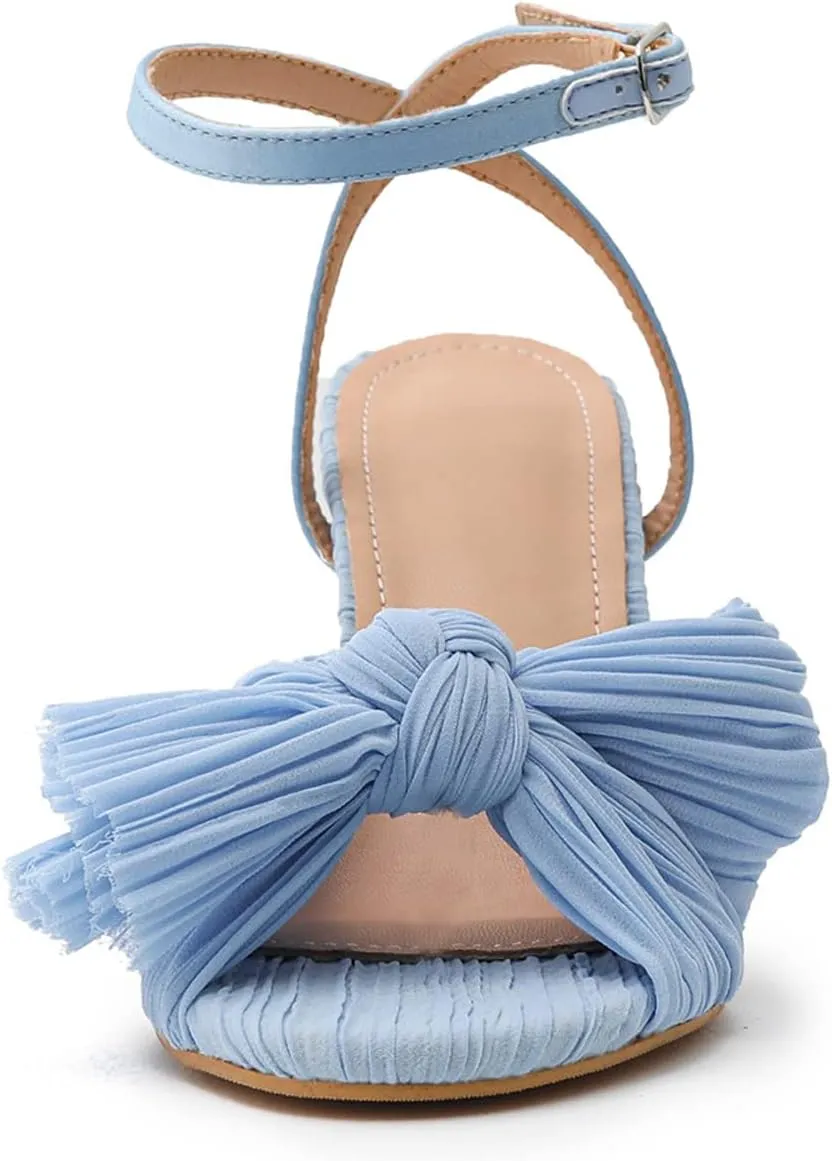 Sungtin Women’s Pleated Knotted Bow High Heeled Sandals, Ankle Strap Chunky Heels Sandals Open Toe Wedding Dress Shoes Pumps