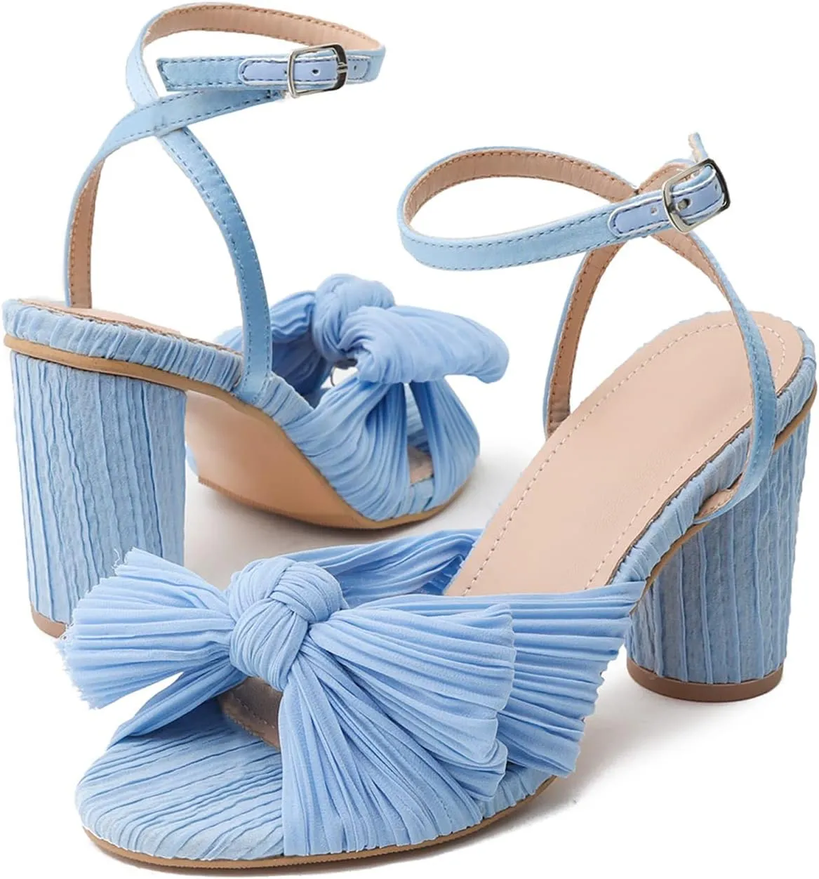 Sungtin Women’s Pleated Knotted Bow High Heeled Sandals, Ankle Strap Chunky Heels Sandals Open Toe Wedding Dress Shoes Pumps