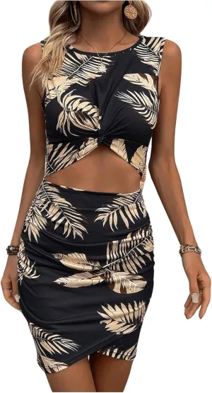 SweatyRocks Women's Tropical Print Mini Dress Cut Out Twist Sleeveless Beach Vacation Dresses