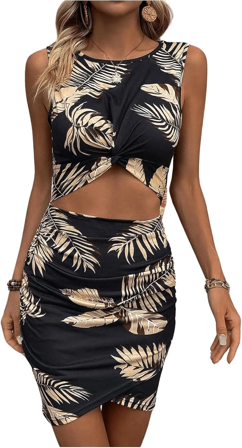 SweatyRocks Women's Tropical Print Mini Dress Cut Out Twist Sleeveless Beach Vacation Dresses
