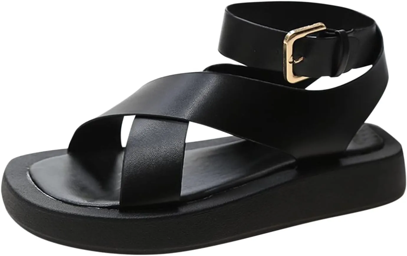 Thick Roman Sandals Shoes Soled Cross Women and Summer Casual Comfortable Spring Women's Sandals Tan Sandal Heels for Women (Black, 8.5)