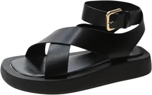 Thick Roman Sandals Shoes Soled Cross Women and Summer Casual Comfortable Spring Women's Sandals Tan Sandal Heels for Women (Black, 8.5)