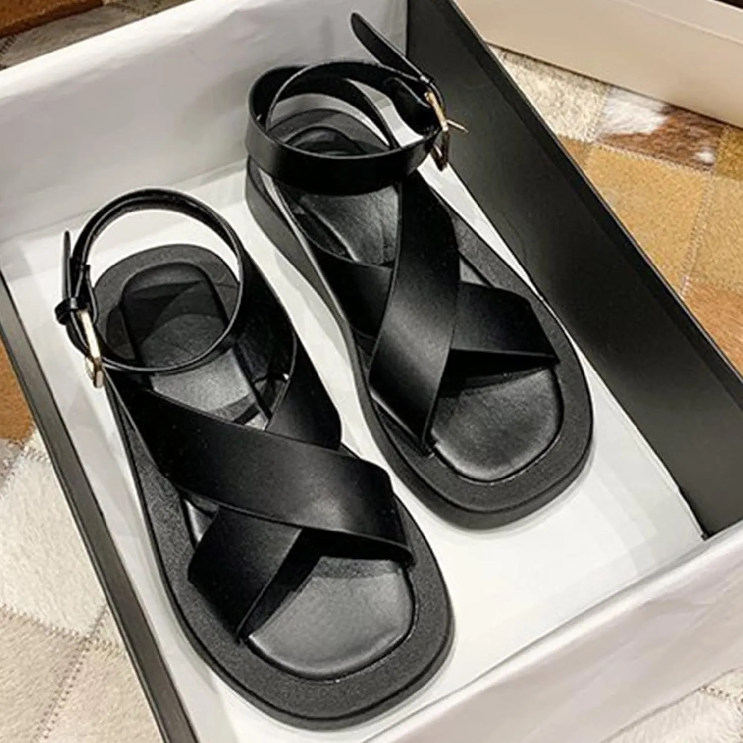 Thick Roman Sandals Shoes Soled Cross Women and Summer Casual Comfortable Spring Women's Sandals Tan Sandal Heels for Women (Black, 8.5)