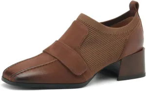 TinaCus Genuine Leather & Fabric Square Toe Handamde Chunky Heels Women's Casual Loafers Shoes