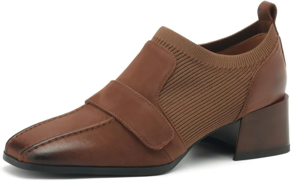 TinaCus Genuine Leather & Fabric Square Toe Handamde Chunky Heels Women's Casual Loafers Shoes