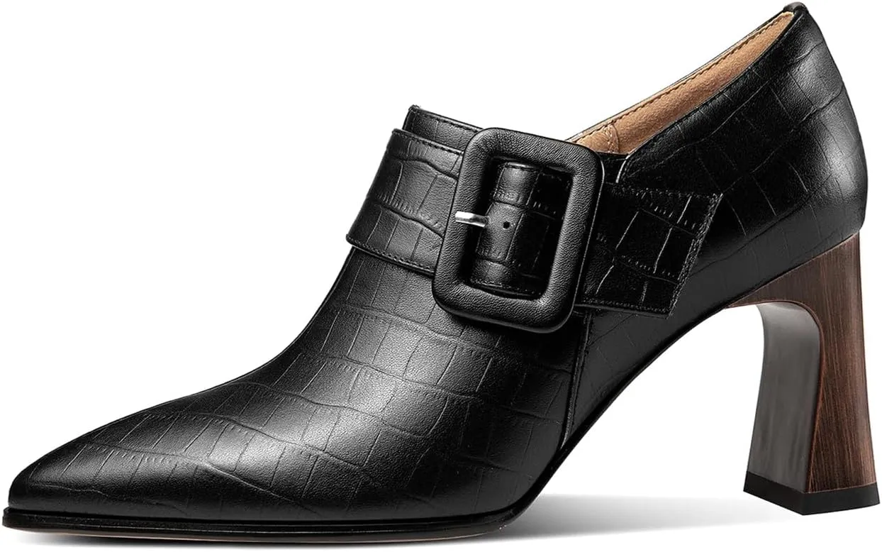 TinaCus Genuine Leather Square Toe Handmade Zipper with Buckle Low Chunky Heels Women's Loafers Shoes