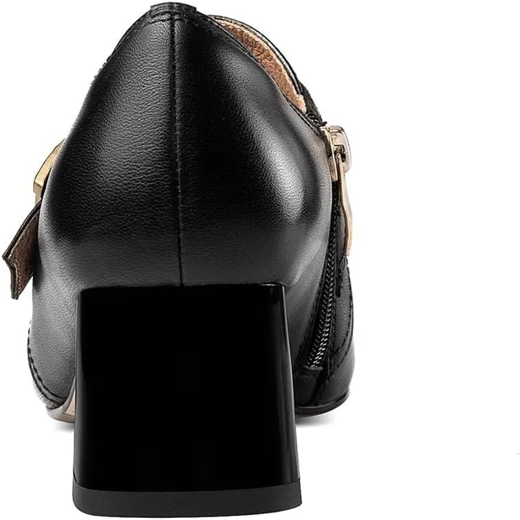 TinaCus Genuine Leather Square Toe Handmade Zipper with Buckle Low Chunky Heels Women's Loafers Shoes