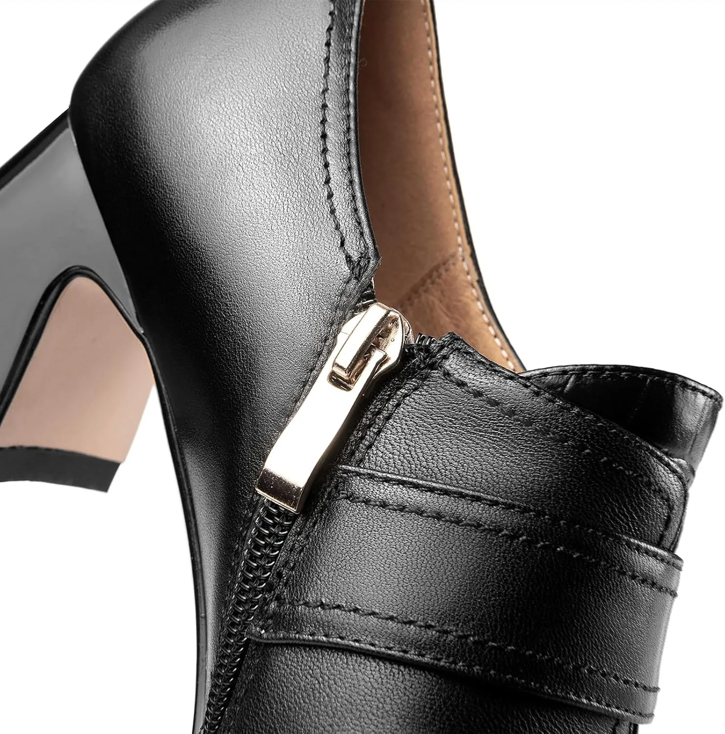 TinaCus Genuine Leather Square Toe Handmade Zipper with Buckle Low Chunky Heels Women's Loafers Shoes
