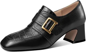 TinaCus Genuine Leather Square Toe Handmade Zipper with Buckle Low Chunky Heels Women's Loafers Shoes