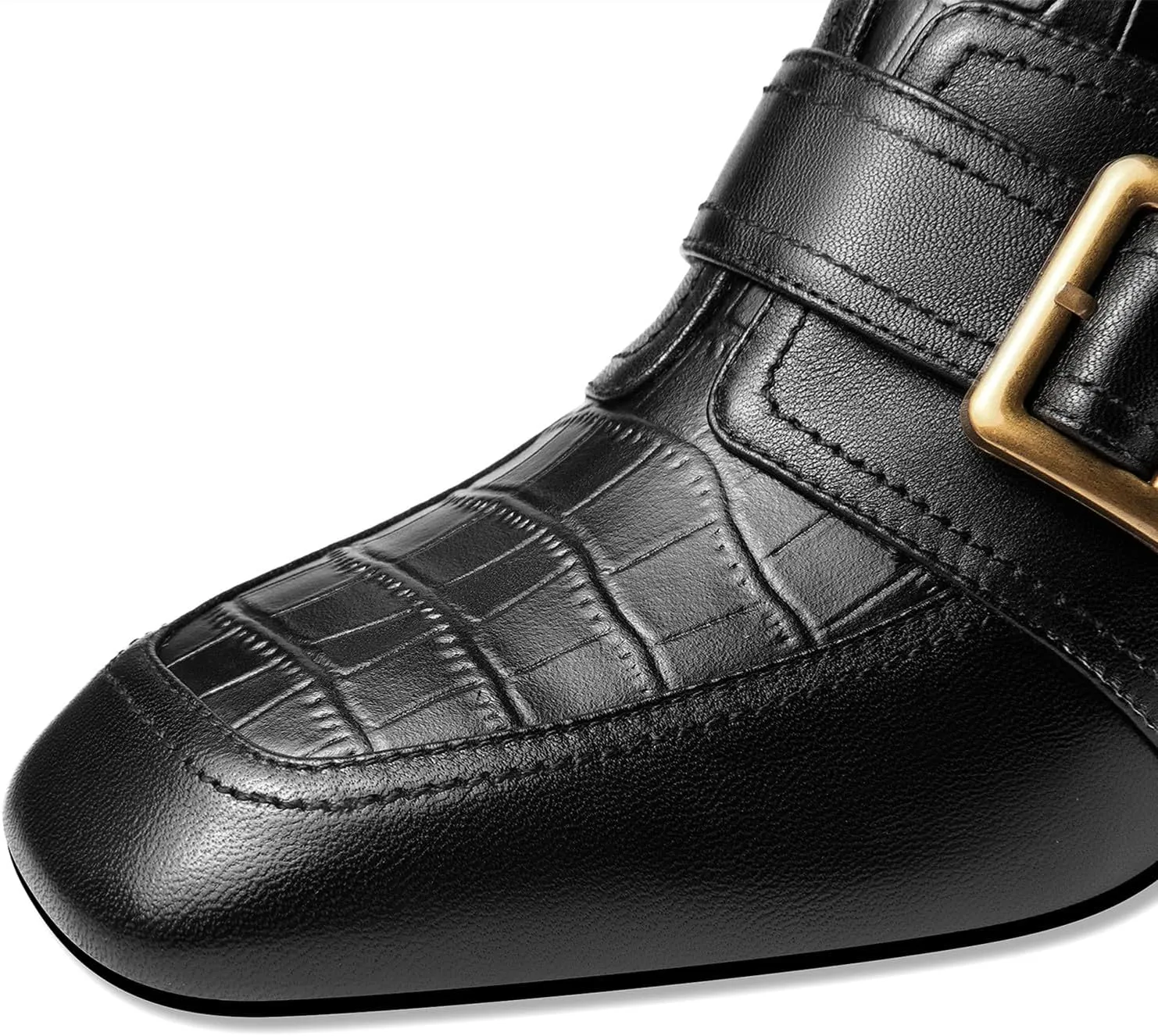 TinaCus Genuine Leather Square Toe Handmade Zipper with Buckle Low Chunky Heels Women's Loafers Shoes