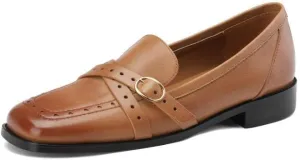 TinaCus Handmade Women's Genuine Leather Retro Decor Cross Band Square Toe Slip On Flats Loafers Shoes