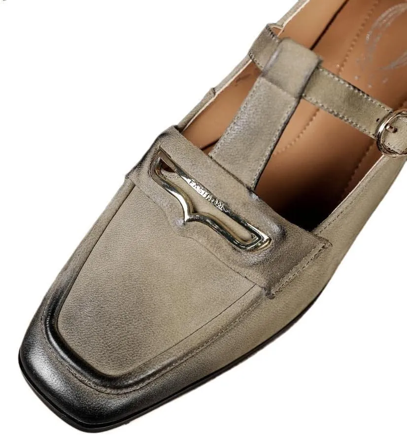 TinaCus Handmade Women's Genuine Leather Retro T-Strap Square Toe Slip On Flats Loafers Shoes
