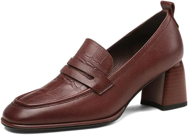TinaCus Women's Genuine Leather Handmade Printed Square Toe Mid Chunky Heel Slip On Loafers Pumps Shoes