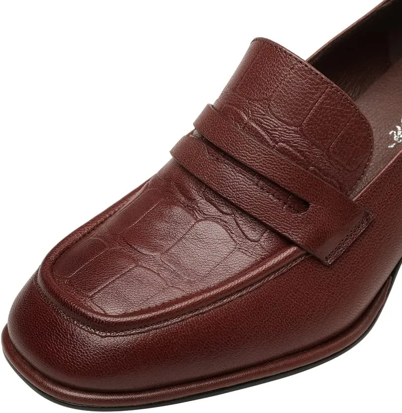 TinaCus Women's Genuine Leather Handmade Printed Square Toe Mid Chunky Heel Slip On Loafers Pumps Shoes