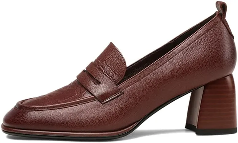 TinaCus Women's Genuine Leather Handmade Printed Square Toe Mid Chunky Heel Slip On Loafers Pumps Shoes
