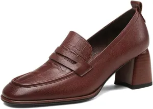 TinaCus Women's Genuine Leather Handmade Printed Square Toe Mid Chunky Heel Slip On Loafers Pumps Shoes