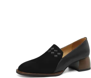 TinaCus Women's Genuine Leather Square Toe Weave Patchwork Handmade Loafers Shoes