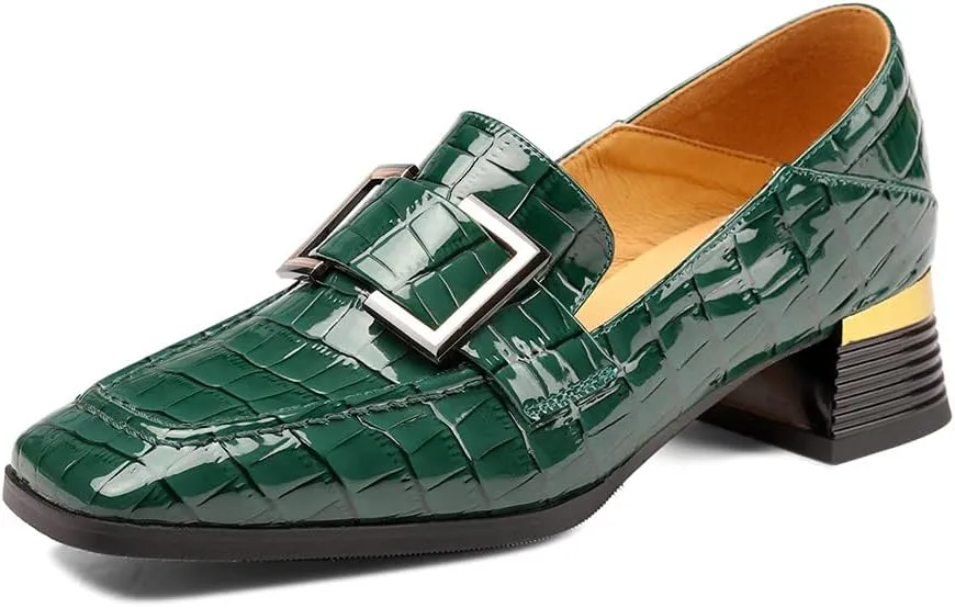 TinaCus Women's Patent Leather Square Toe Handmade Buckled Casual Loafers Shoes with Low Chunky Heels
