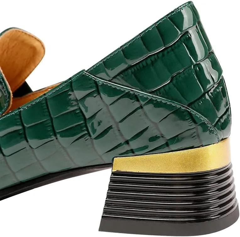 TinaCus Women's Patent Leather Square Toe Handmade Buckled Casual Loafers Shoes with Low Chunky Heels