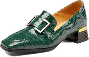 TinaCus Women's Patent Leather Square Toe Handmade Buckled Casual Loafers Shoes with Low Chunky Heels