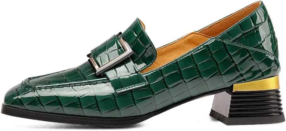 TinaCus Women's Patent Leather Square Toe Handmade Buckled Casual Loafers Shoes with Low Chunky Heels