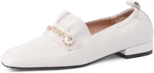 TinaCus Women's Soft Leather Handmade Square Toe Chain Plicated Chunky Heel Loafers Flats Shoes