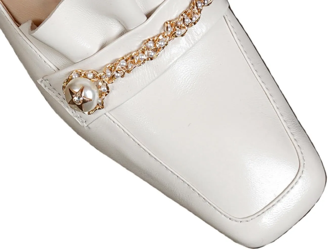 TinaCus Women's Soft Leather Handmade Square Toe Chain Plicated Chunky Heel Loafers Flats Shoes