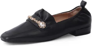 TinaCus Women's Soft Leather Handmade Square Toe Chain Plicated Chunky Heel Loafers Flats Shoes
