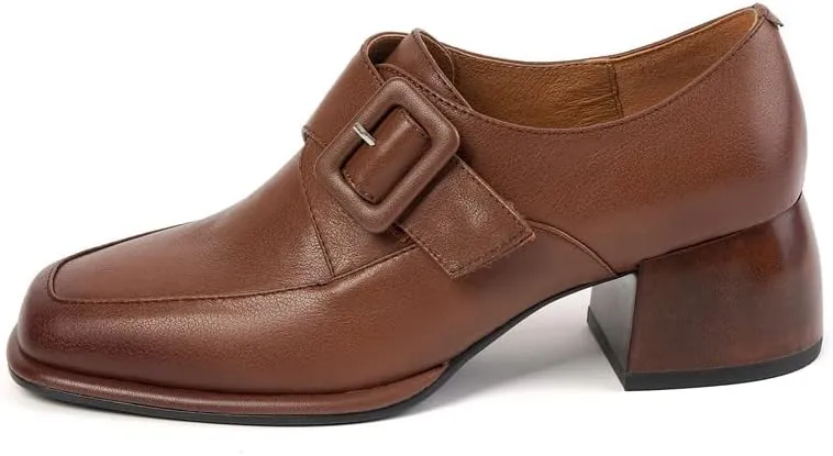 TinaCus Women's Square Toe Genuine Leather Handmade Buckle Low Chunky Heels Retro Loafer Shoes