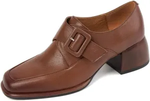 TinaCus Women's Square Toe Genuine Leather Handmade Buckle Low Chunky Heels Retro Loafer Shoes