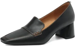TinaCus Women's Square Toe Genuine Leather Handmade Chunky Heels Slip-on Casual Loafers Shoes