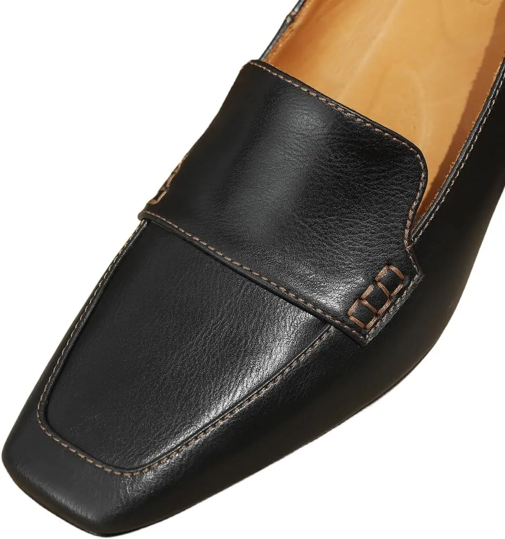 TinaCus Women's Square Toe Genuine Leather Handmade Chunky Heels Slip-on Casual Loafers Shoes