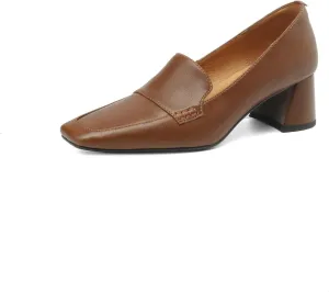 TinaCus Women's Square Toe Genuine Leather Handmade Chunky Heels Slip-on Casual Loafers Shoes