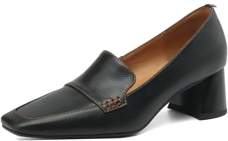 TinaCus Women's Square Toe Genuine Leather Handmade Chunky Heels Slip-on Casual Loafers Shoes