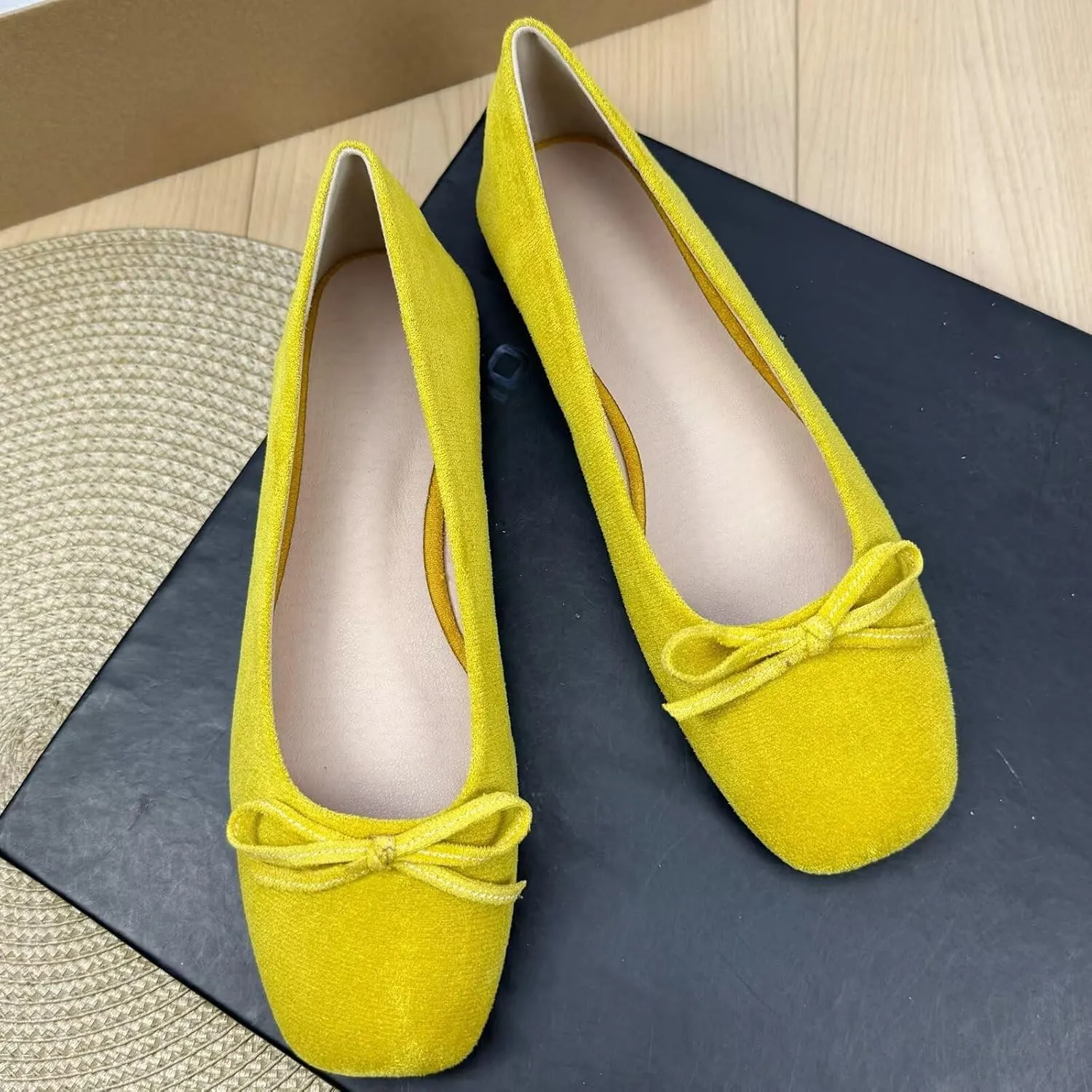 TN TANGNEST Faux Suede Ballets Flats for Women Square Toe Cute Bowtie Slip on Bowknot Ballerina Wedding Dress Shoes