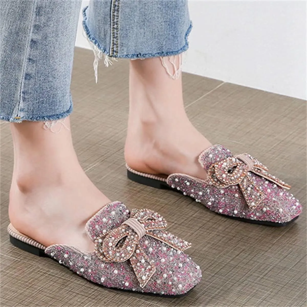 TN TANGNEST Women's Flat Mules Comfortable Rhinestone Bow Square Toe Slip on Loafers Slides Backless Mules Shoes