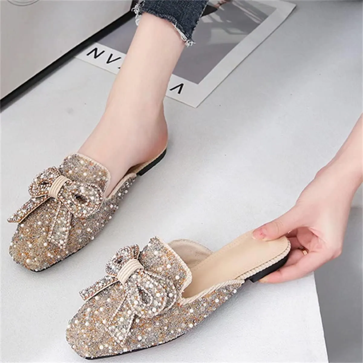TN TANGNEST Women's Flat Mules Comfortable Rhinestone Bow Square Toe Slip on Loafers Slides Backless Mules Shoes