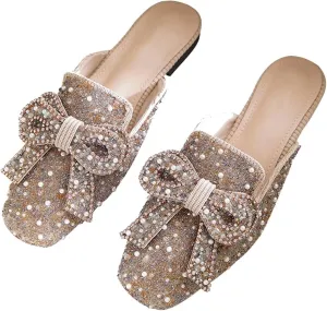 TN TANGNEST Women's Flat Mules Comfortable Rhinestone Bow Square Toe Slip on Loafers Slides Backless Mules Shoes
