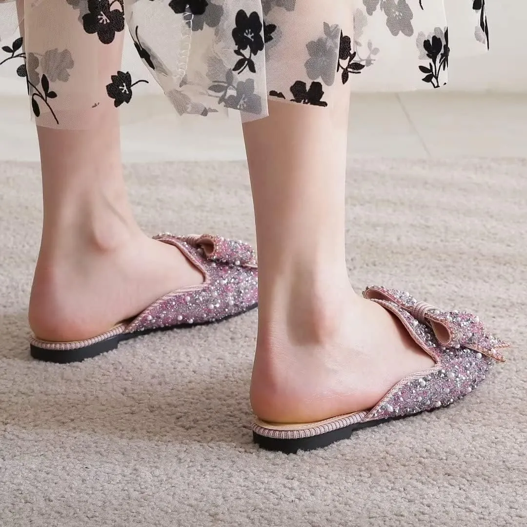 TN TANGNEST Women's Flat Mules Comfortable Rhinestone Bow Square Toe Slip on Loafers Slides Backless Mules Shoes
